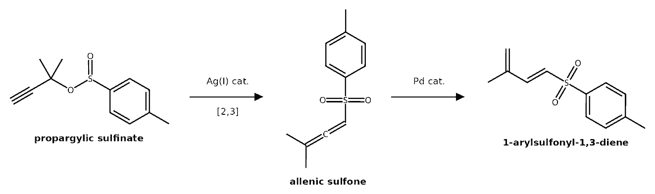 Silver-catalyzed [2,3]-rearrangement to allenic sulfones and palladium-catalyzed isomerization to dienyl sulfones (representative).